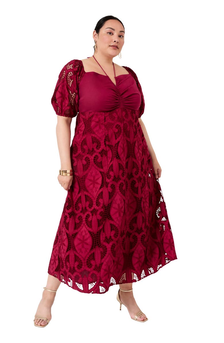 June + Vie Eyelet Puff Sleeve Peasant Dress, Main, color, Rumba Red