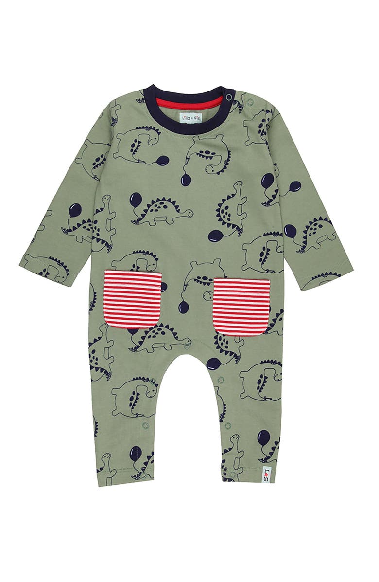 Lilly + Sid Organic Cotton Dizzy Dinosaur Printed Onsie, Main, color, Green