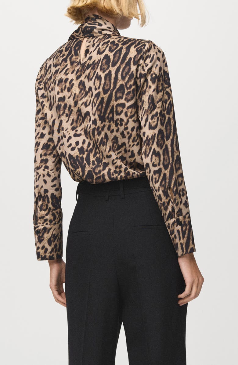 MANGO Animal Print Scarf Neck Top, Alternate, color, Black Brown