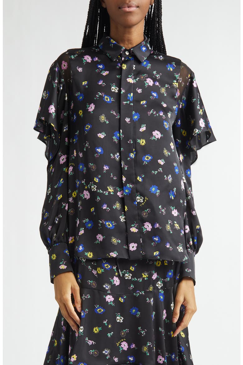 Floral Print Ruffle Button-Up Shirt, Main, color, BLACK