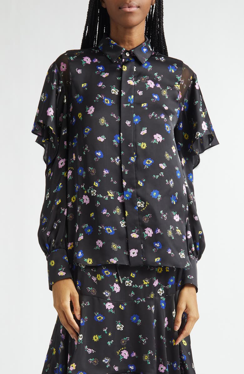 Sacai Floral Print Ruffle Button-Up Shirt, Main, color, Black
