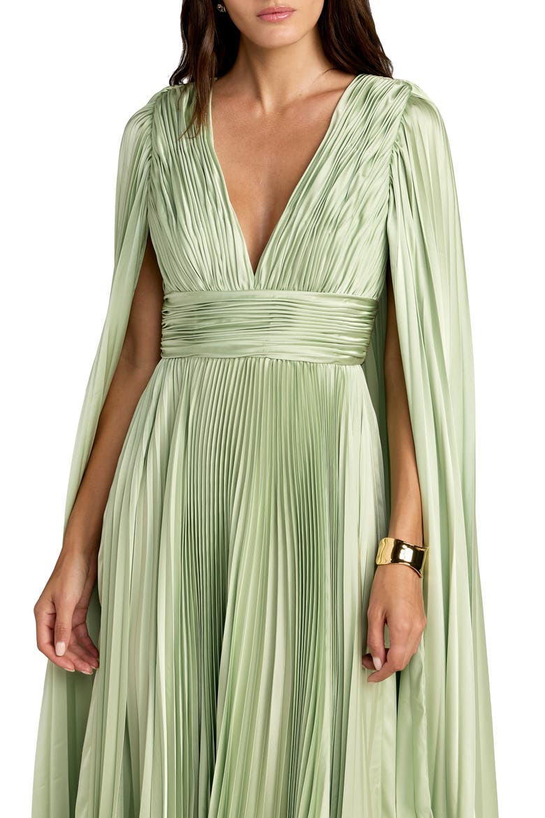 Pleated Charmeuse V-Neck Gown with Cape Sleeves, Alternate, color, Sage