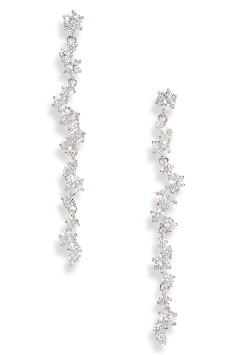 Cubic Zirconia Cluster Linear Drop Earrings, Main, color, RHODIUM