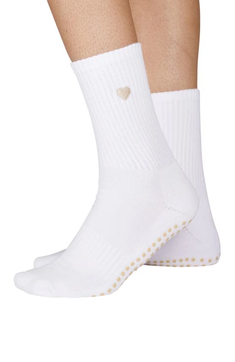 Beige Heart Mid Length Grip Socks