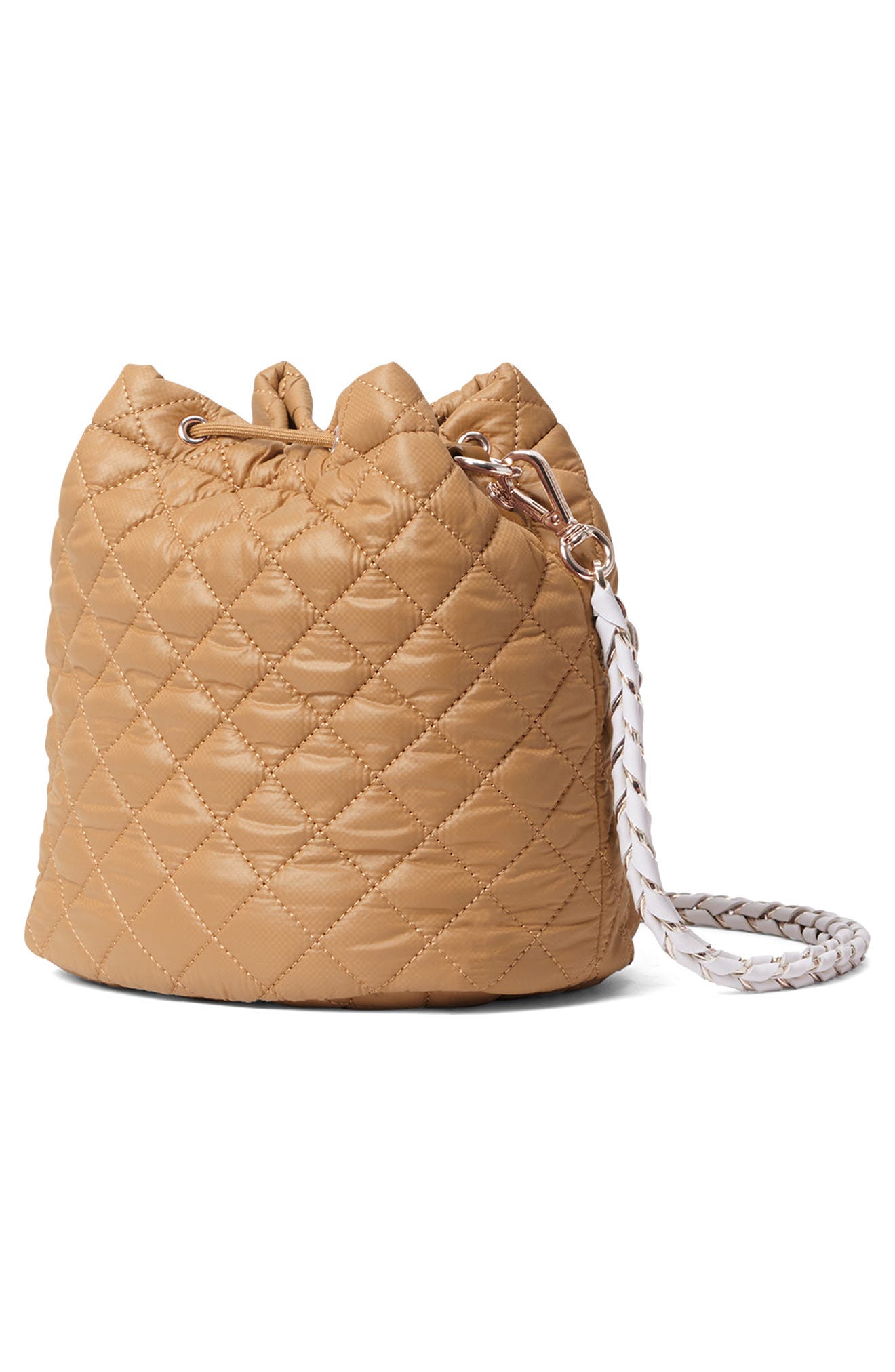 Crosby Drawstring Quilted Nylon Bucket Bag, Alternate, color, CARAMEL