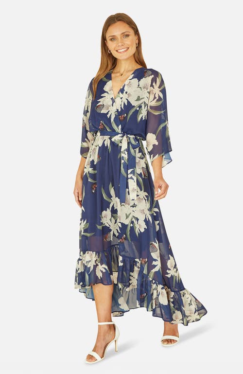 Yumi Dip Hem Kimono Sleeve Dress In Blue