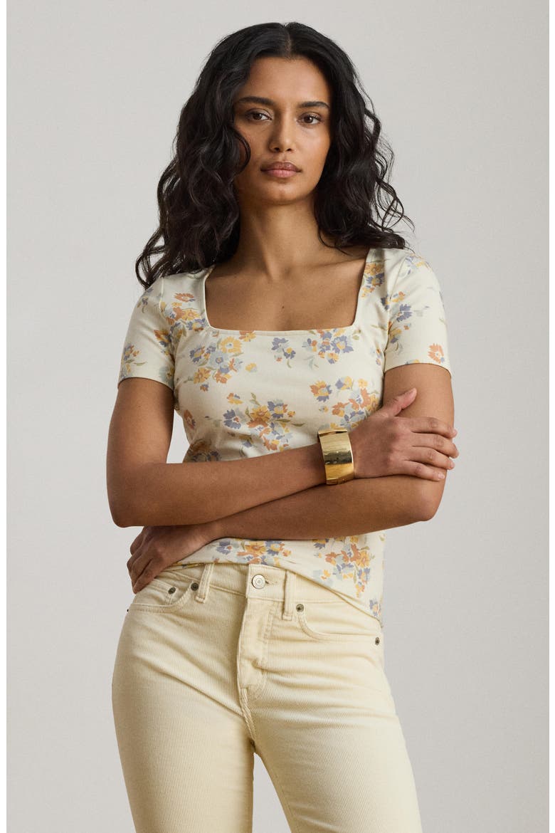 Floral Square Neck Stretch Cotton Jersey Top, Alternate, color, CREAM/ MULTI