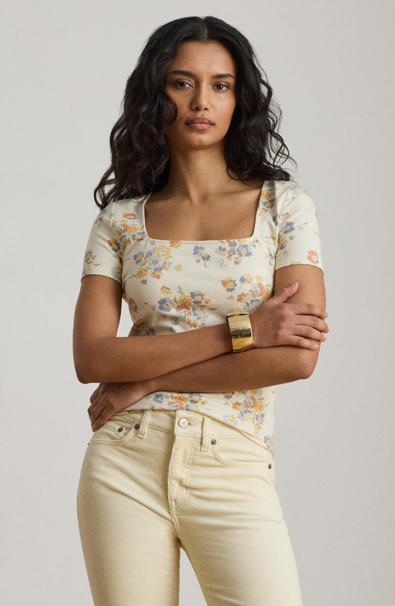 Lauren Ralph Lauren Floral Square Neck Stretch Cotton Jersey Top, Alternate, color, Cream/ Multi