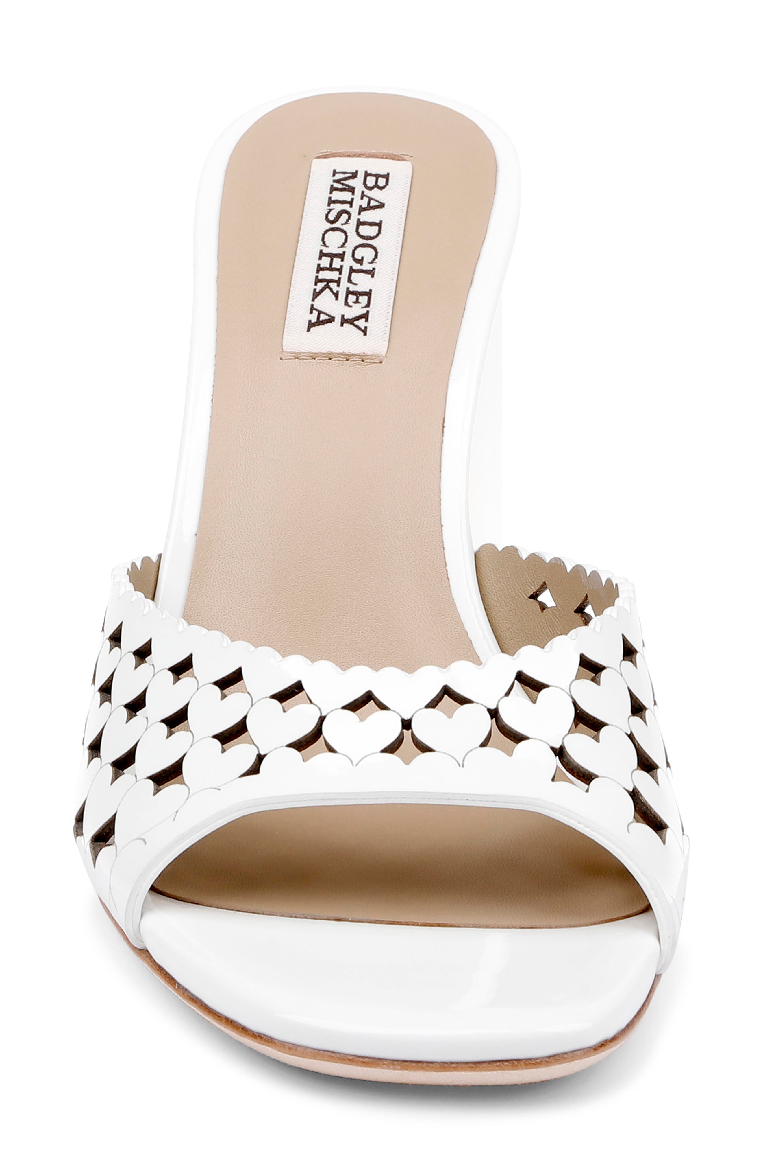 BADGLEY MISCHKA Omni Laser-Cut Heart Sandal, Alternate, color, White Patent