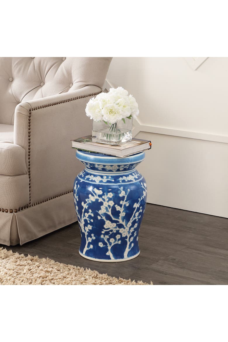 Cherry Blossom Classic Ceramic Garden Stool, Indoor Outdoor Chinoiserie Patio Side Table and Plant Stand, Alternate, color, Blue/White