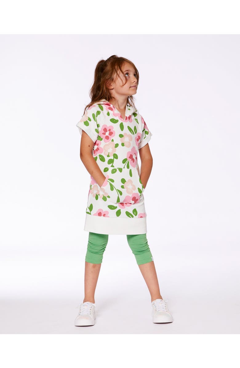 Deux par Deux Little Girl's Printed French Terry Hooded Dress Pink Flowers On White Background, Alternate, color, Pink Flowers On White