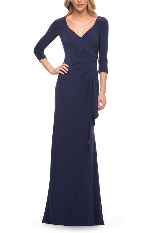La Femme Elegant Jersey Dress With Ruching And Ruffle Detail In Navy
