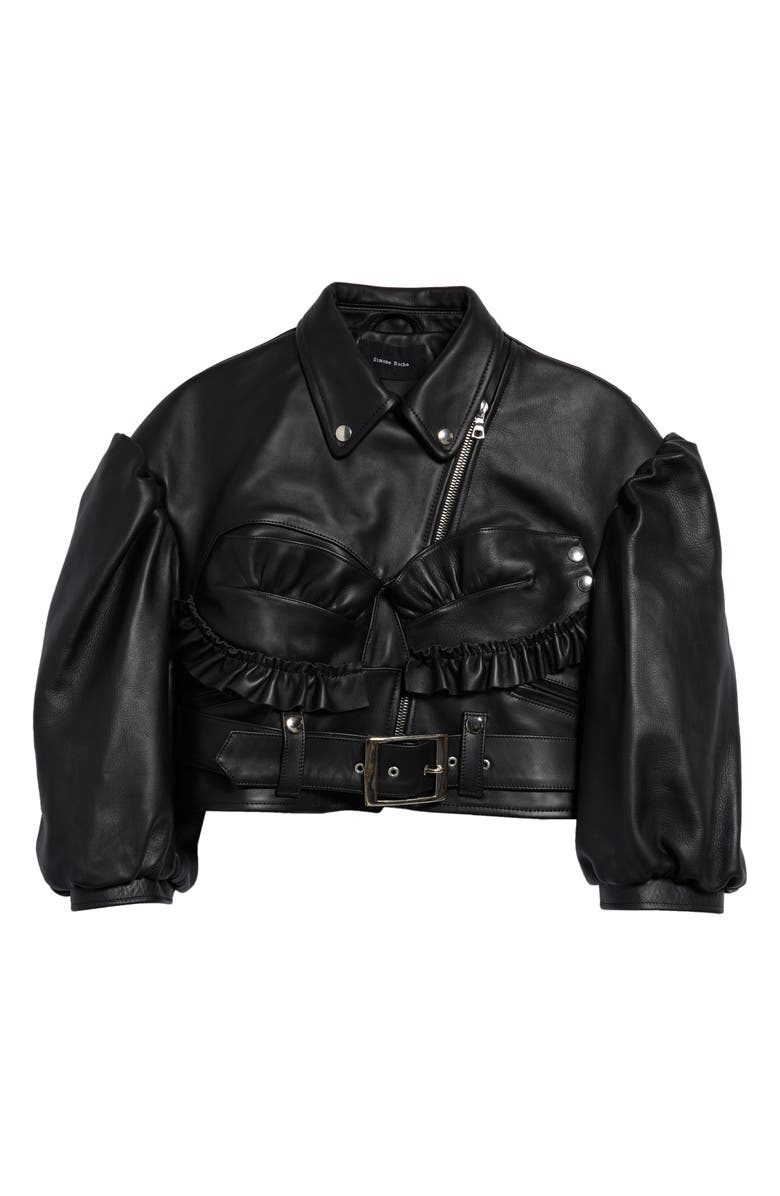 Simone Rocha Ruffle Trim Crop Leather Bustier Biker Jacket, Main, color,