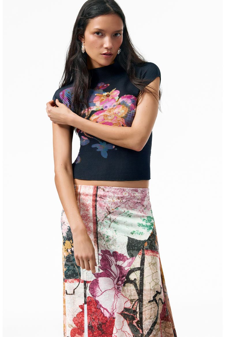 Patchwork Print Asymmetric Skirt, Alternate, color, BLACK