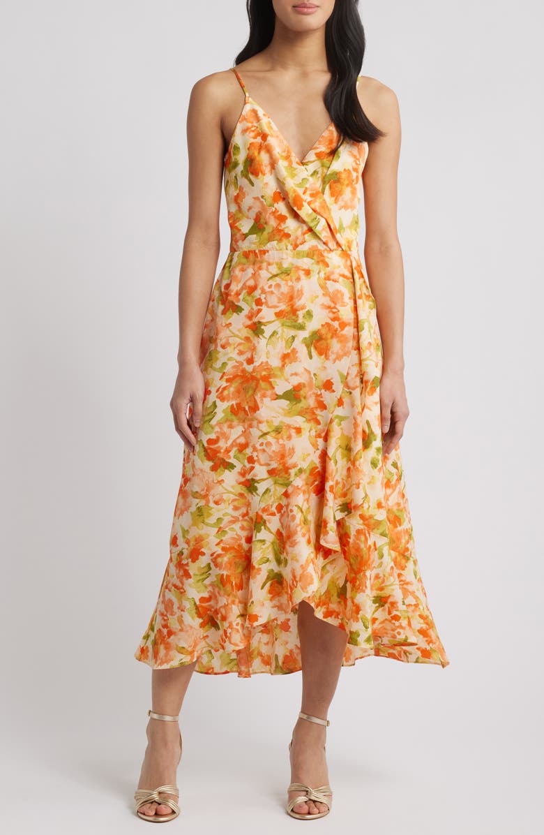 Chelsea28 Faux Wrap Midi Dress, Main, color, Orange- Green Rebecca Floral