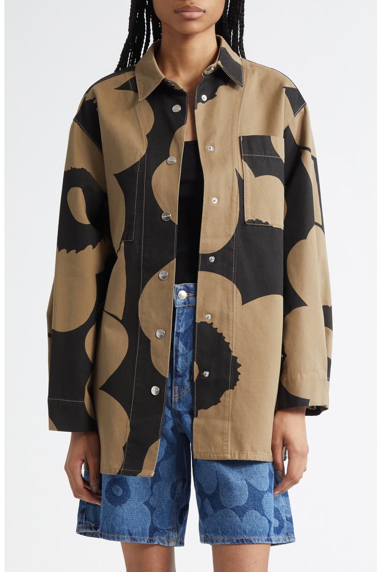 Abstraktio Unikko Floral Oversize Cotton Snap-Up Shirt, Main, color, BLACK, LIGHT BROWN