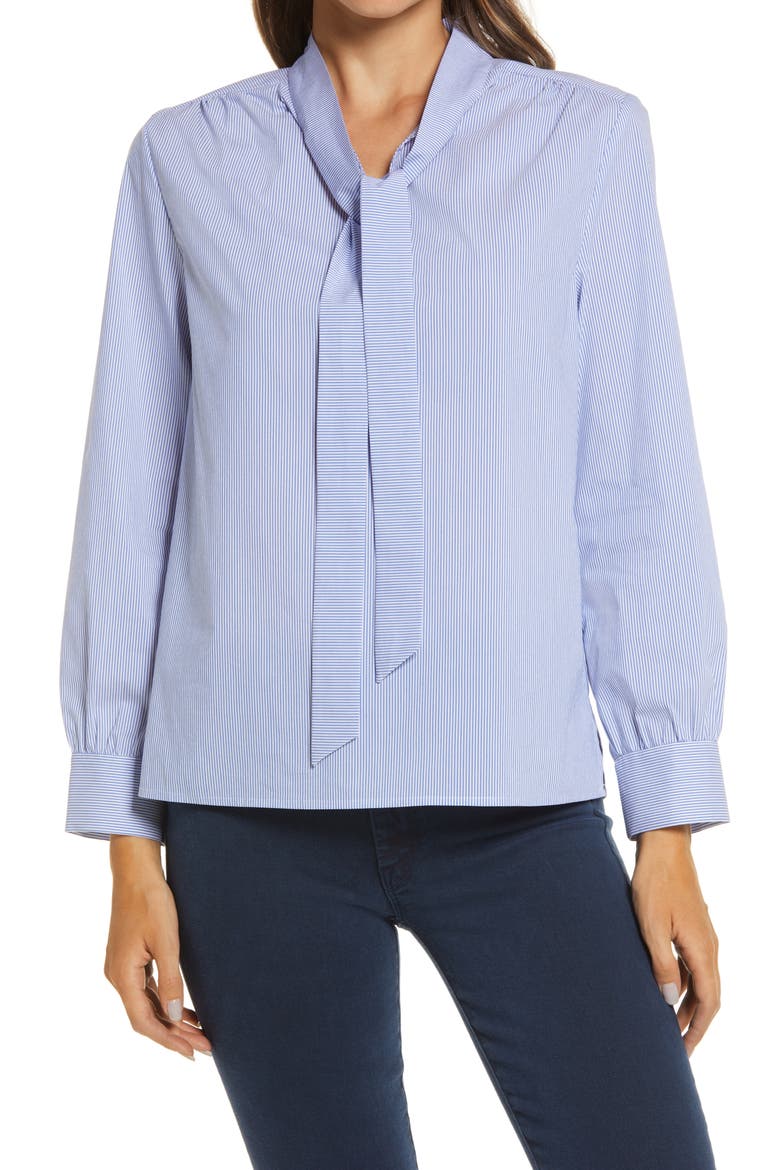 Tie Neck Blouse, Main, color, BLUE SMOKE/WHITE