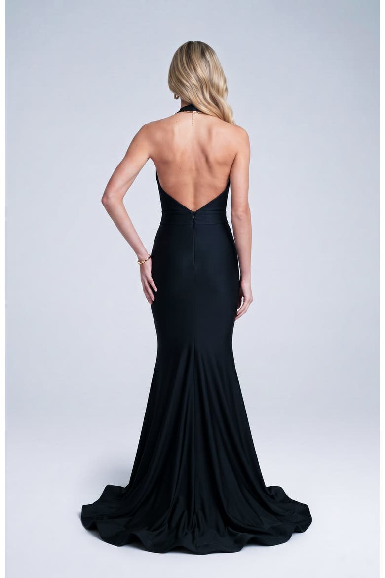 Plunging Halter Neck Mermaid Evening Gown, Alternate, color, Black