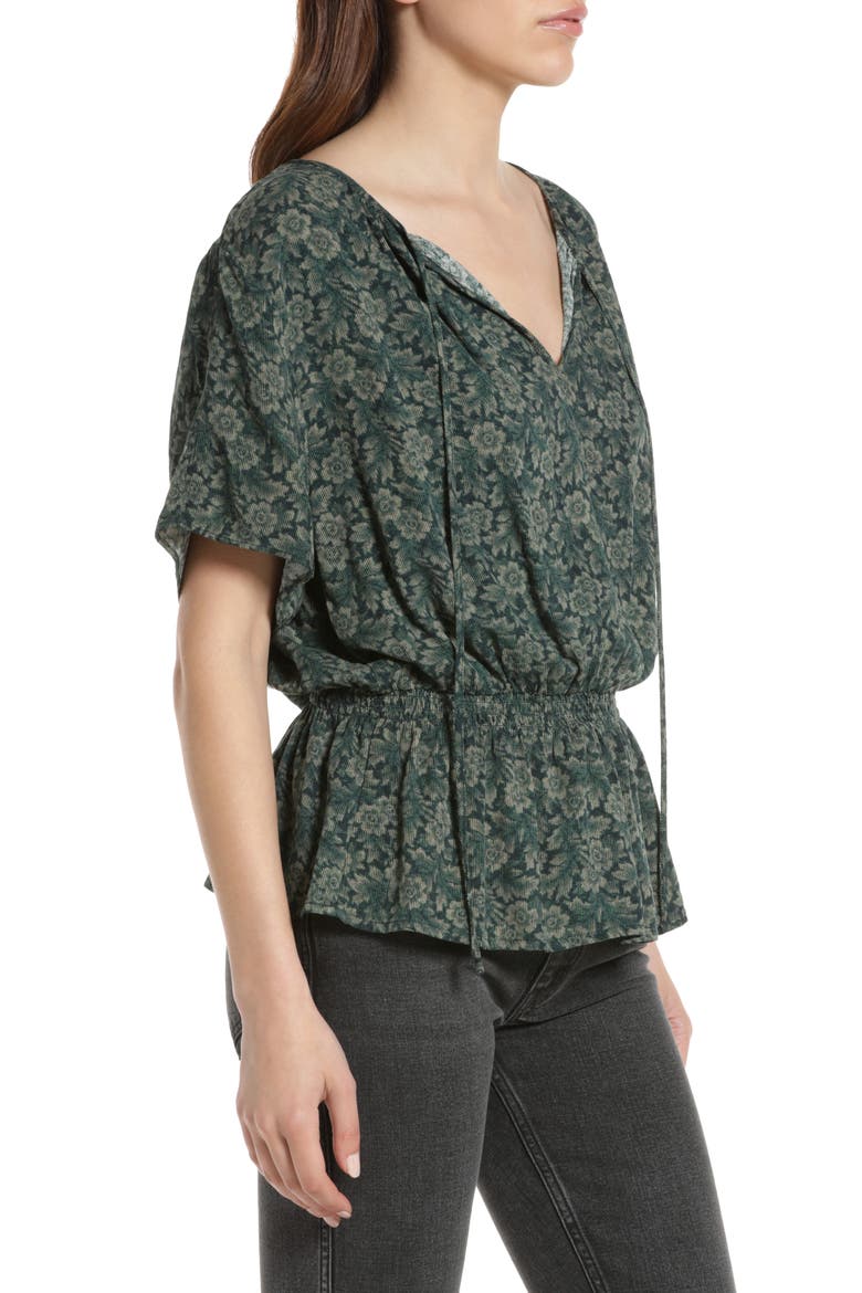 Shirred Split Neck Blouse, Alternate, color, NAVY- GREEN TAPESTRY