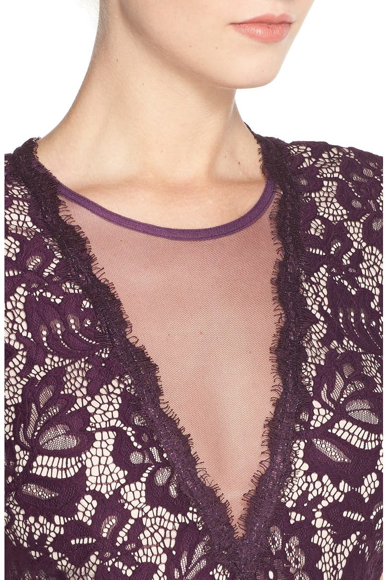 Illusion V-Neck Lace Trumpet Gown, Alternate, color, PLUM/ NUDE
