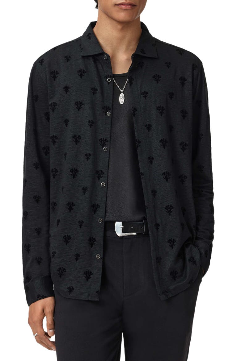 Anselmo Flocked Modal Knit Button-Up Shirt, Main, color, BLACK