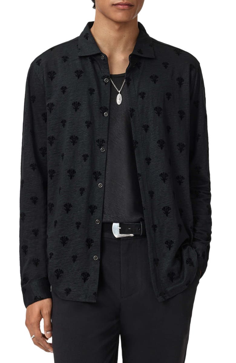 John Varvatos Anselmo Flocked Modal Knit Button-Up Shirt, Main, color, Black