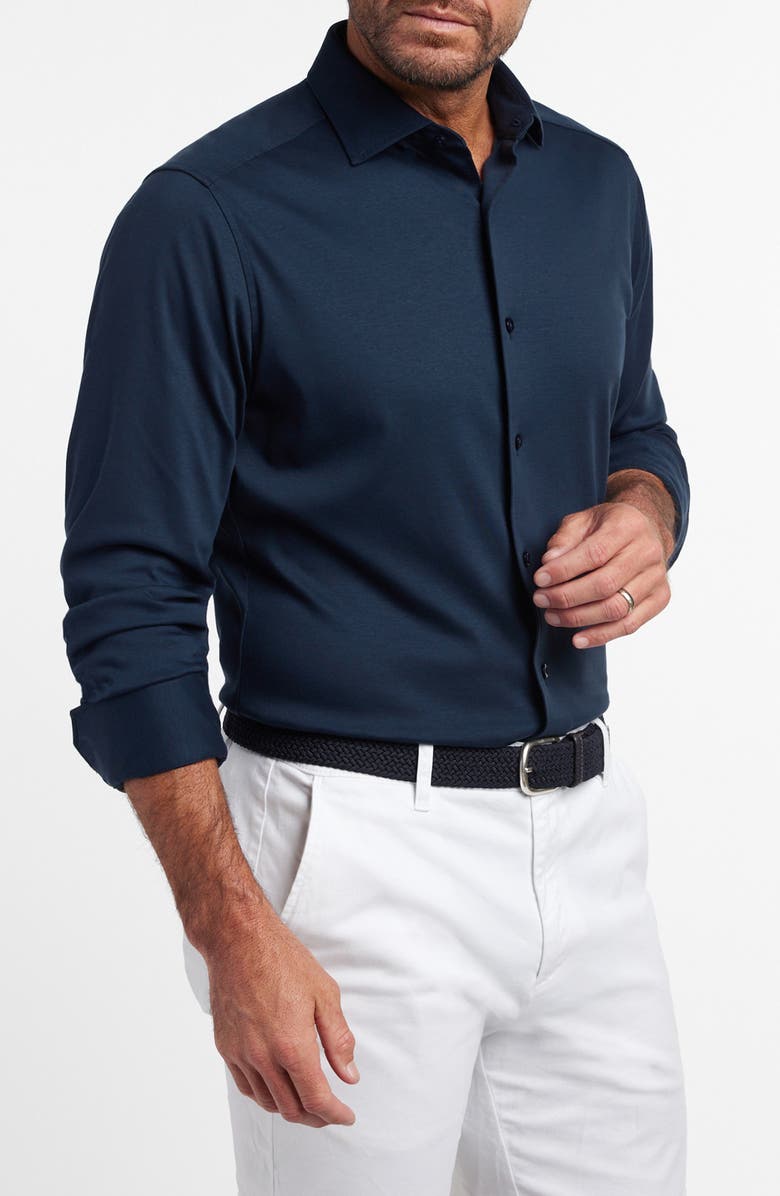 David Donahue Knit Cotton Button-Up Shirt, Alternate, color, Navy