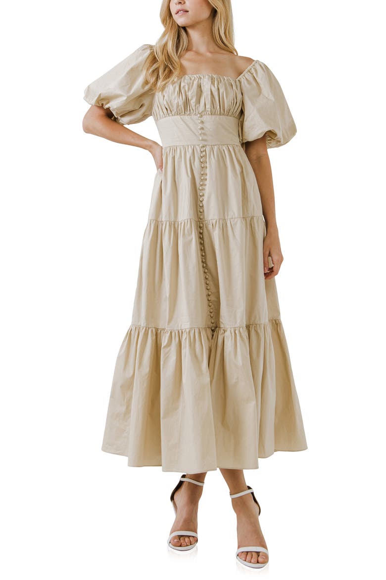 Tiered Ruffle Cotton Maxi Dress, Main, color, BEIGE