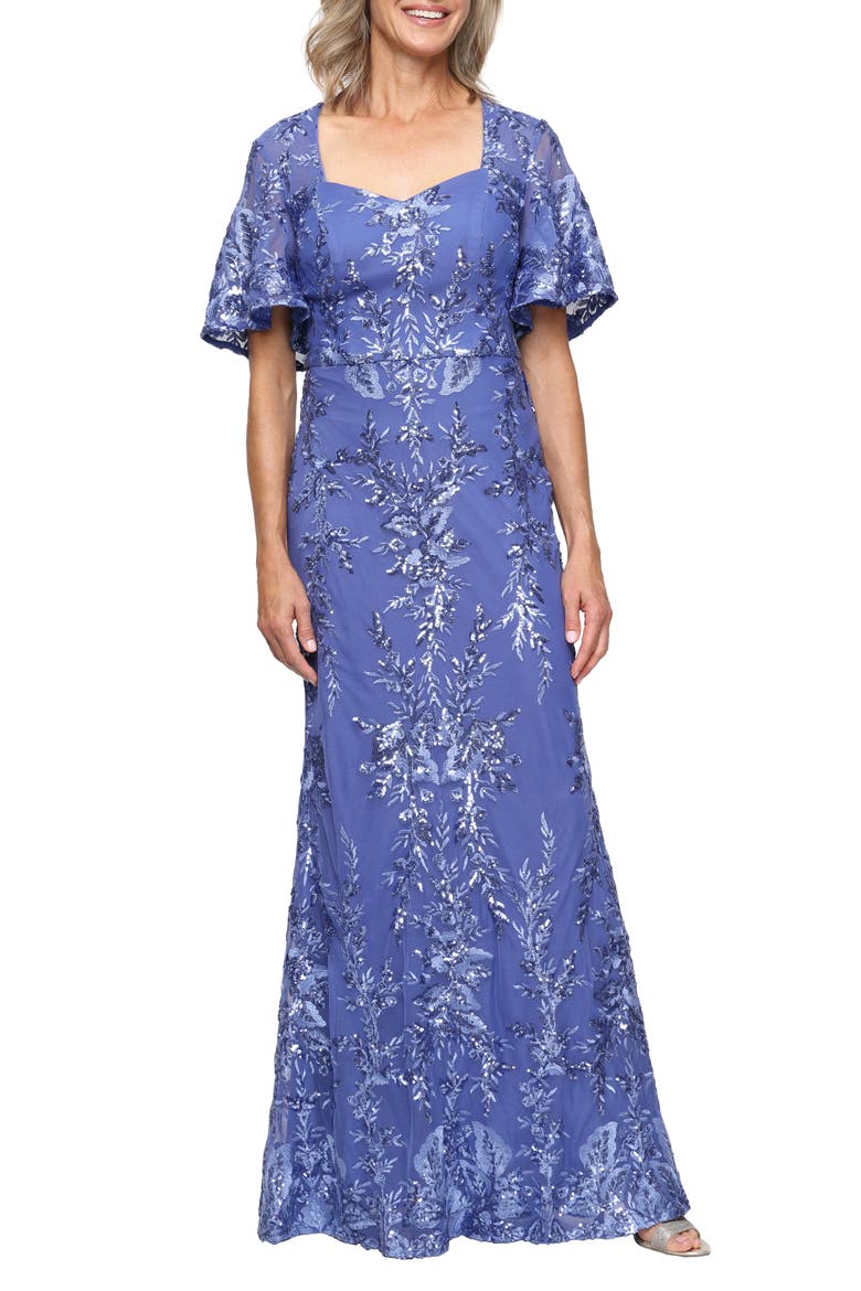 Sequin Embroidered Mesh Gown, Main, color, CORNFLOWER