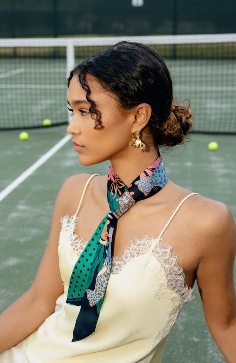 Jessie Zhao New York Silk Skinny Scarf Night Jungle Gathering, Alternate, color, Green