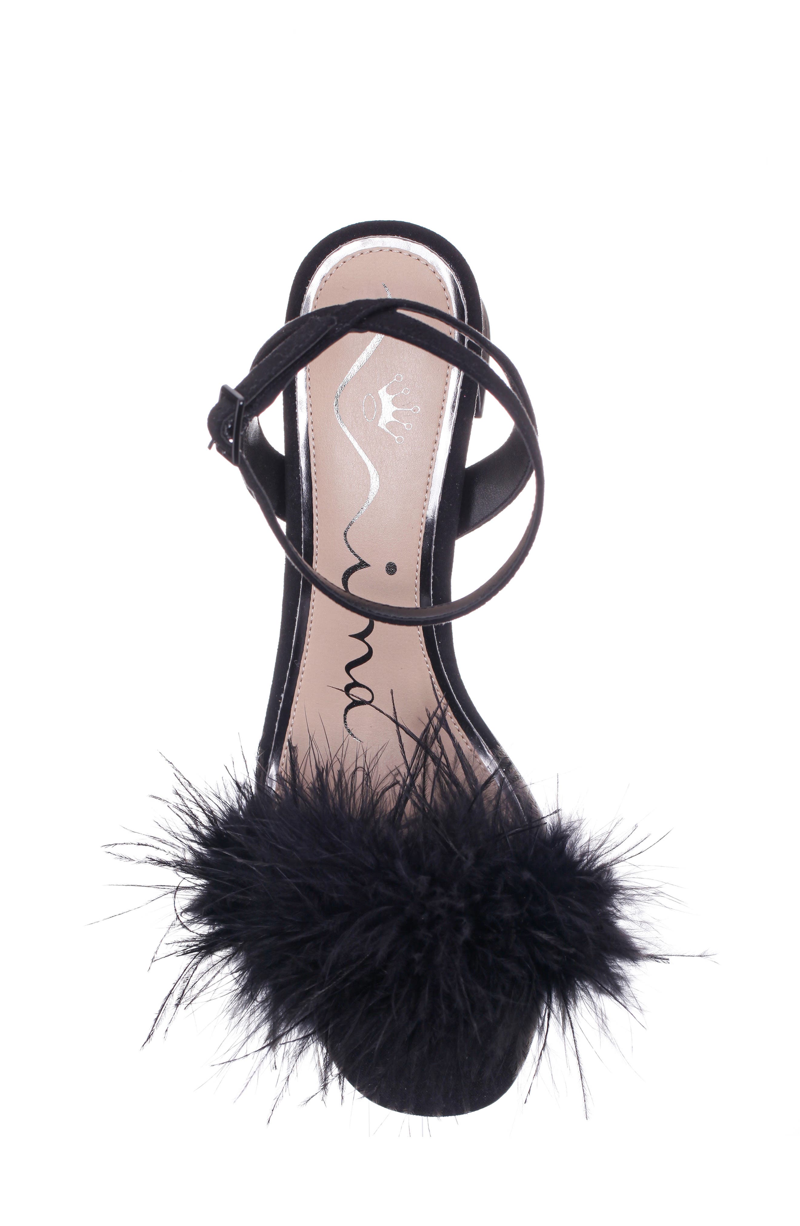 Nina Bev Ankle Strap Faux Feather Sandal, Alternate, color, Black