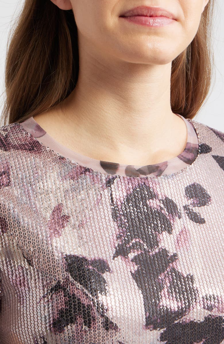 Anne Klein Floral Print Sequin T-Shirt, Alternate, color, 