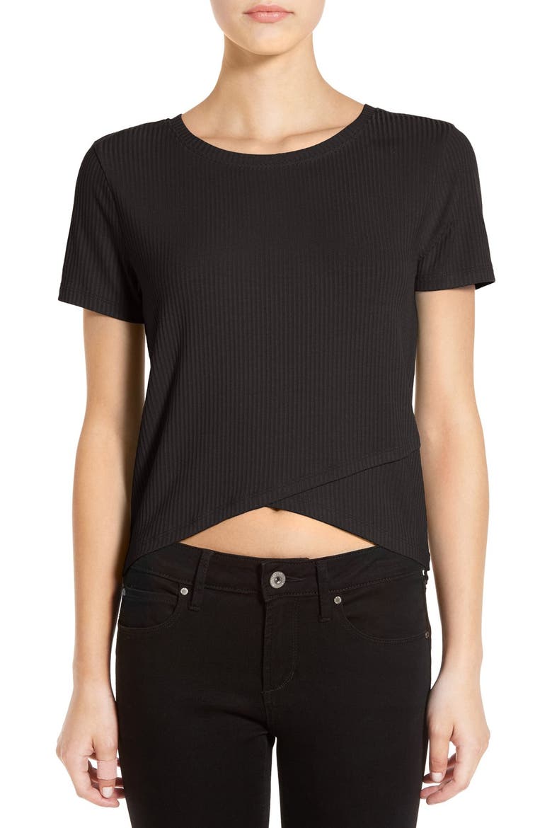 Cross Hem Rib Knit Tee, Main, color, BLACK