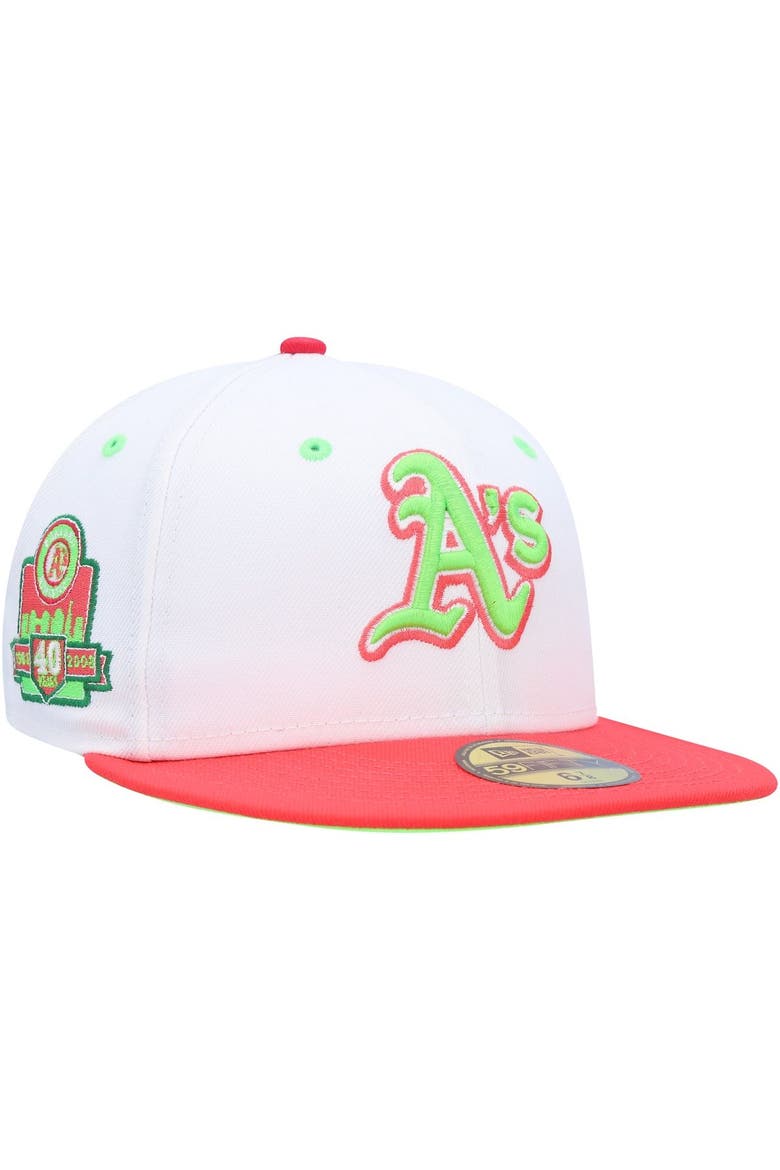 Men's New Era White/Coral Oakland Athletics 40th Anniversary Strawberry Lolli 59FIFTY Fitted Hat, Main, color, White