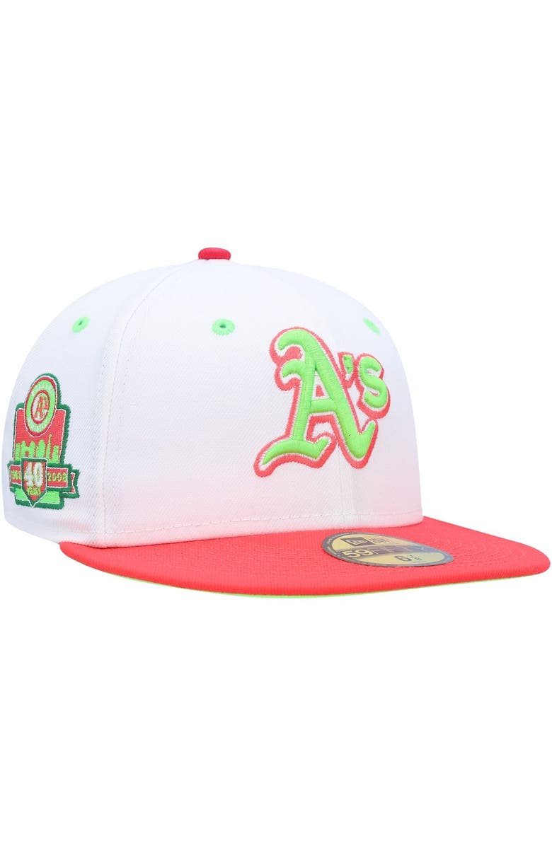 New Era Men's New Era White/Coral Oakland Athletics 40th Anniversary Strawberry Lolli 59FIFTY Fitted Hat, Main, color, White