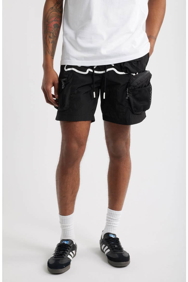 Running Dog Graphic Cargo Hiker Shorts, Main, color, BLACK