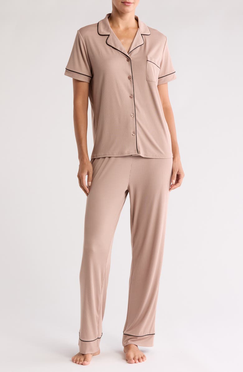 Nicole Miller Ribbed Short Sleeve Top & Pants Pajamas, Main, color, Iced Mocha