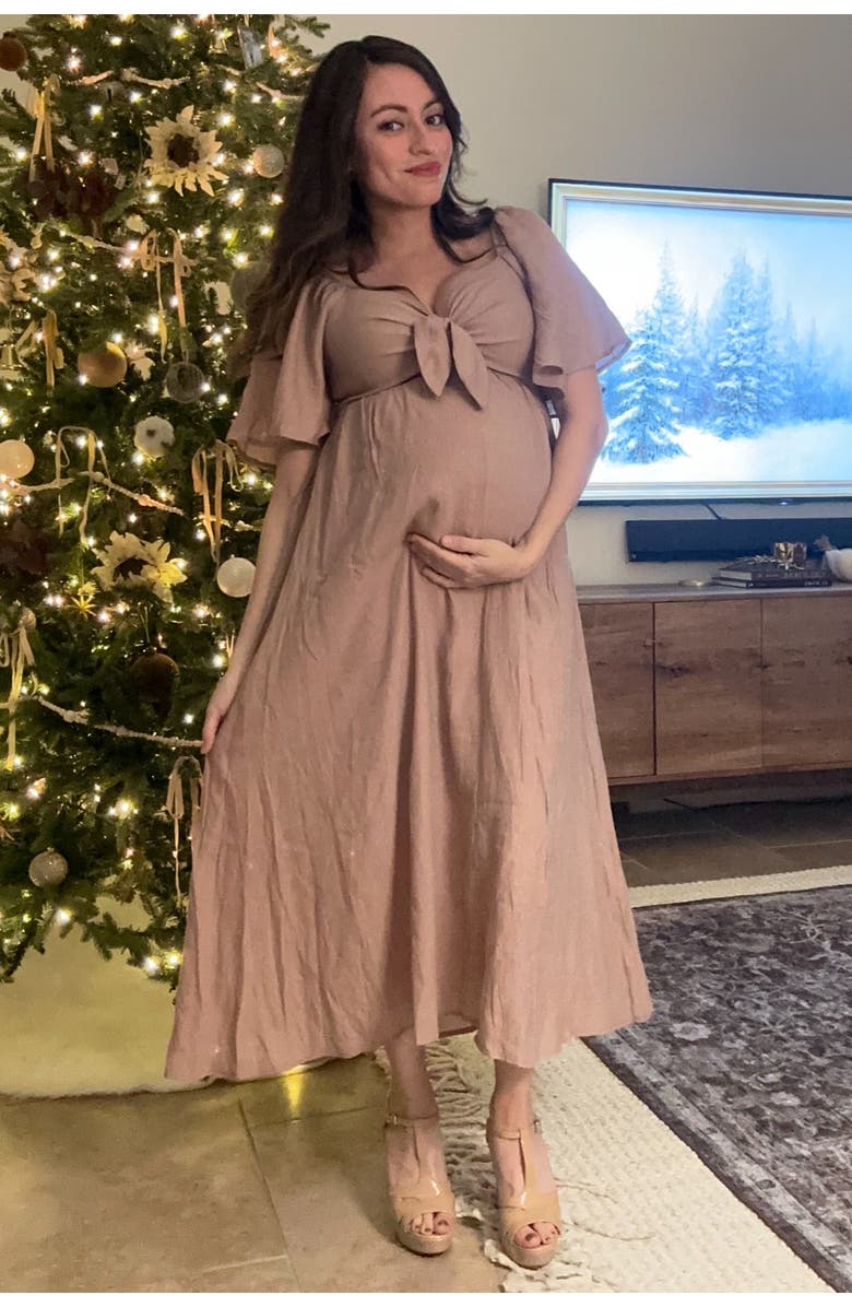 PinkBlush Front Tie Ruffle Sleeve Midi Dress, Alternate, color, Mocha