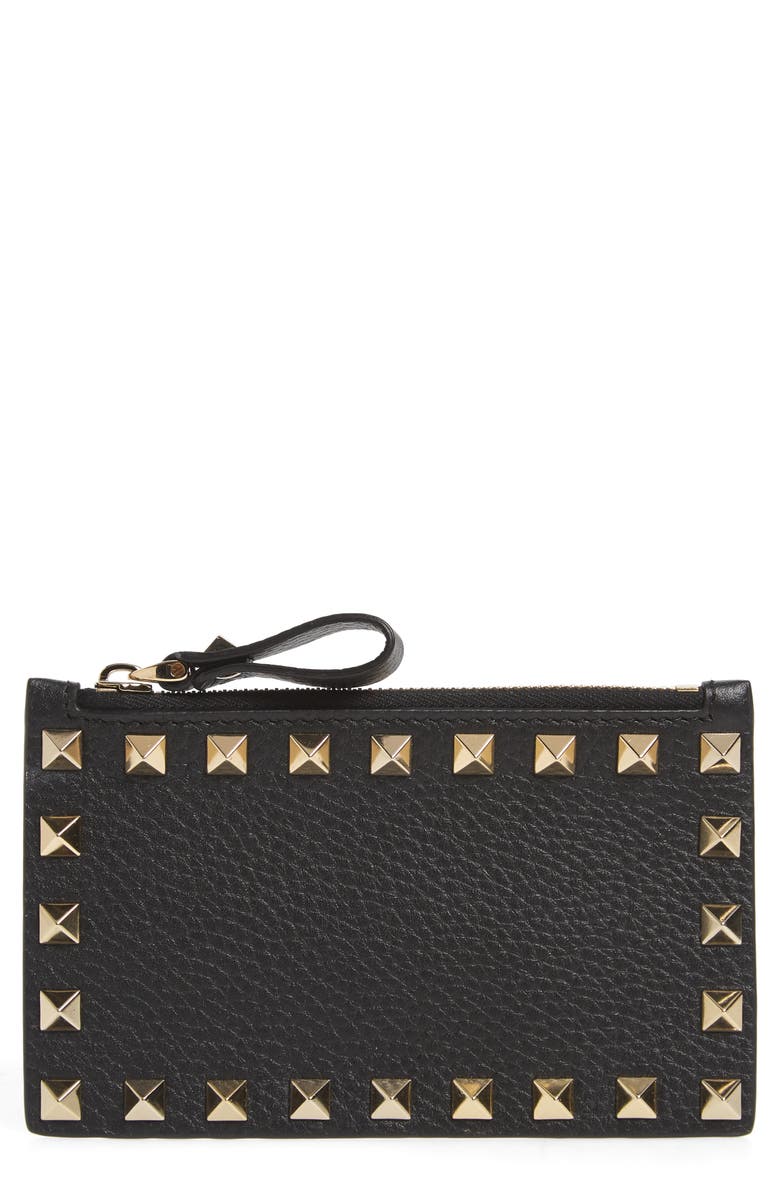 Valentino Garavani Rockstud Leather Zip Card Case, Main, color, 