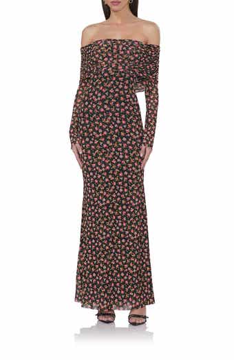 AFRM Thelma Print Off the Shoulder Long Sleeve Mesh Maxi Dress