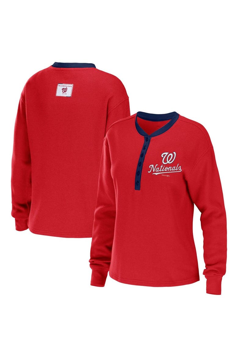 Women's WEAR by Erin Andrews Red Washington Nationals Waffle Henley Long Sleeve T-Shirt, Main, color, Red