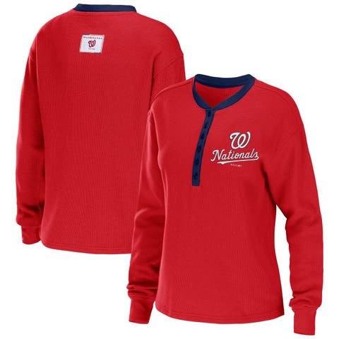 Women's WEAR by Erin Andrews Red Washington Nationals Waffle Henley Long Sleeve T-Shirt