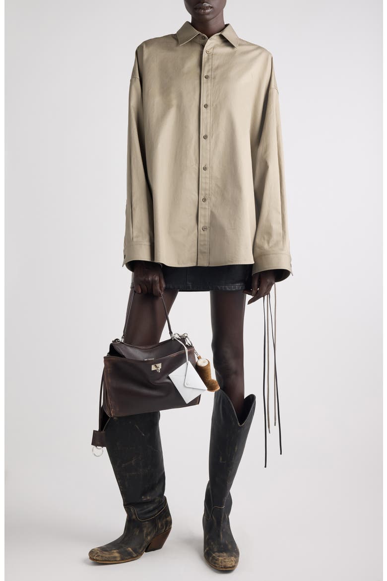 Lace-Up Detail Oversize Cotton Gabardine Button-Up Shirt, Alternate, color, 9506 SAND BEIGE