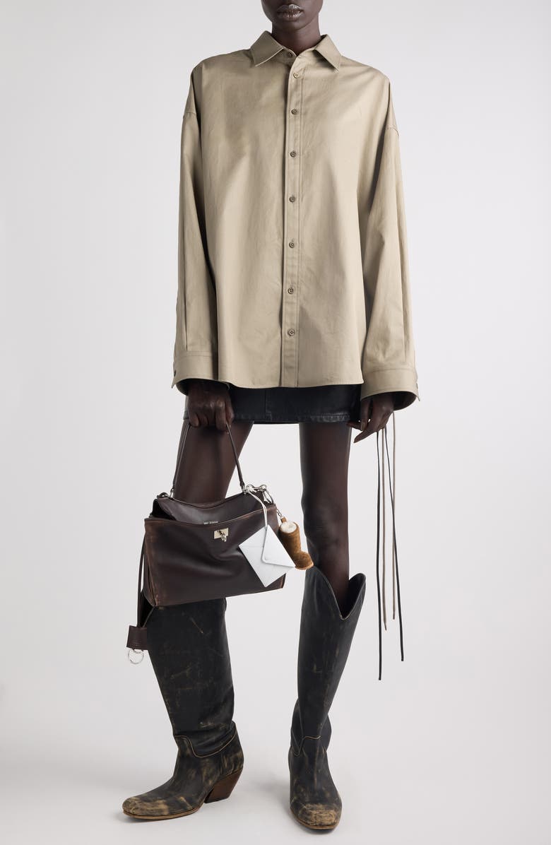 Balenciaga Lace-Up Detail Oversize Cotton Gabardine Button-Up Shirt, Alternate, color, 9506 Sand Beige