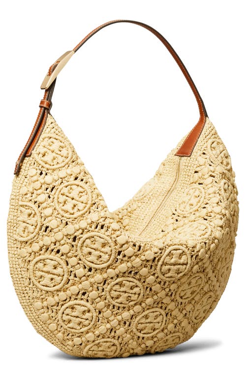Tory Burch T-monogram Woven Raffia Straw Shoulder Bag In Beige