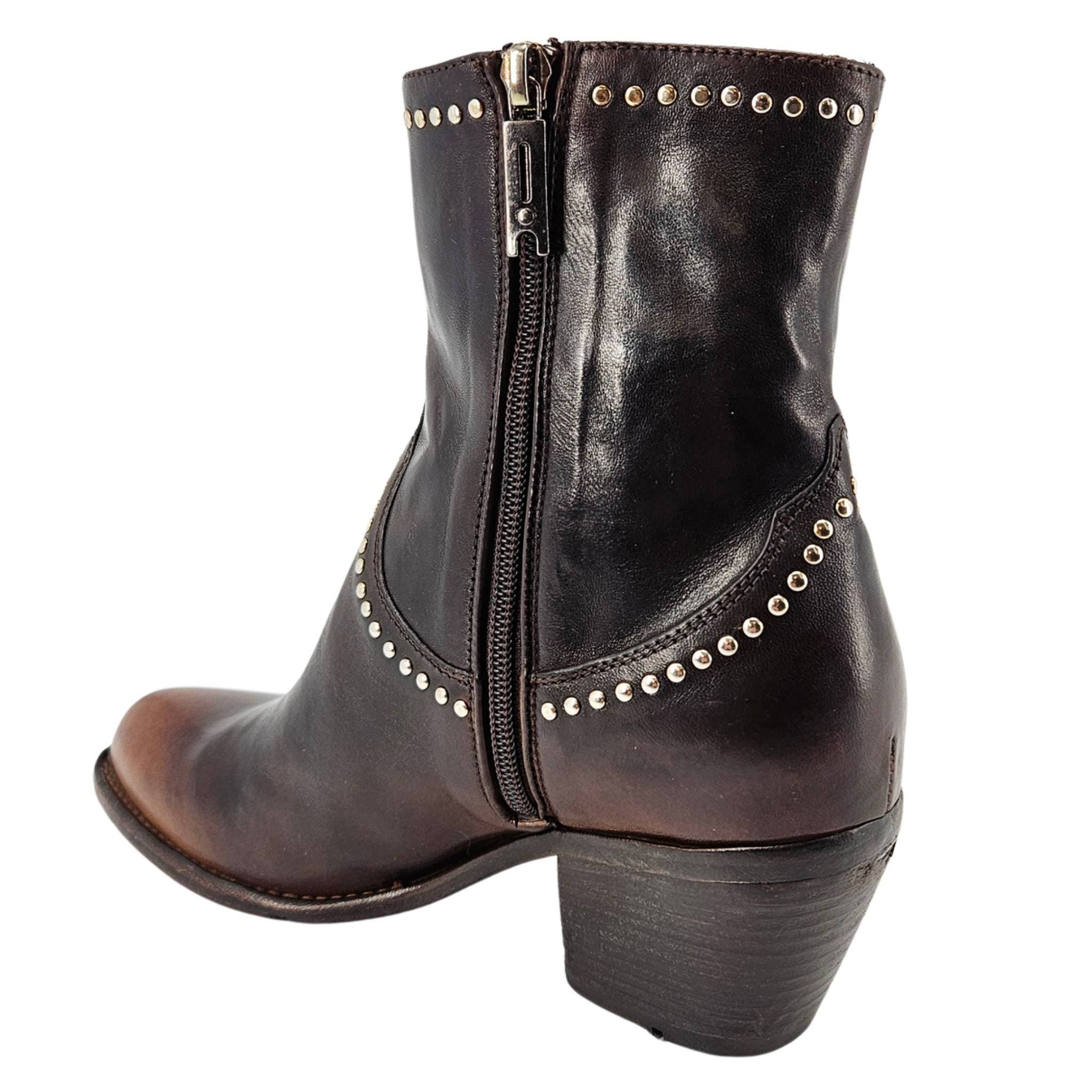 Leather Studded Western Ankle Boot, Alternate, color, Brown