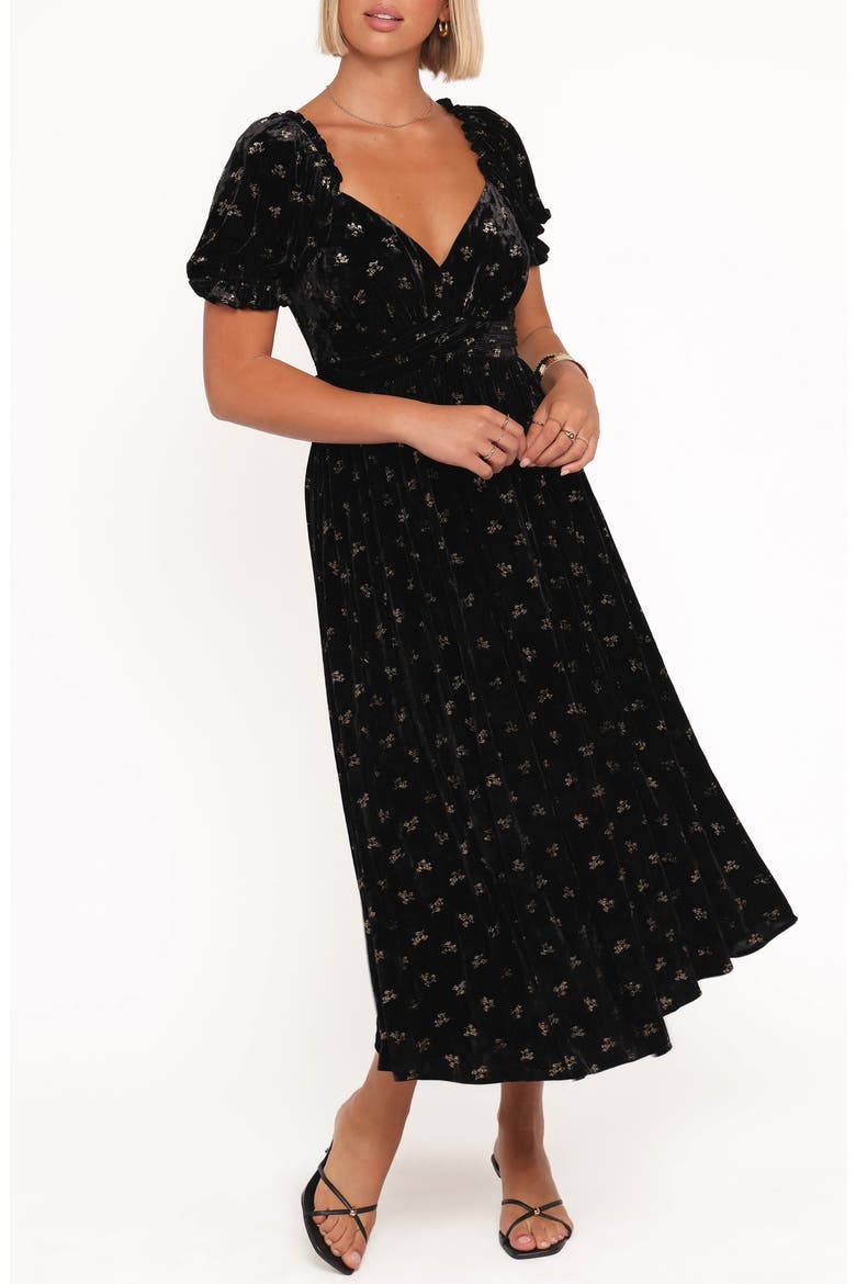 Farryn Floral Velvet Puff Sleeve Midi Dress, Main, color, BLACK/ GOLD VELVET