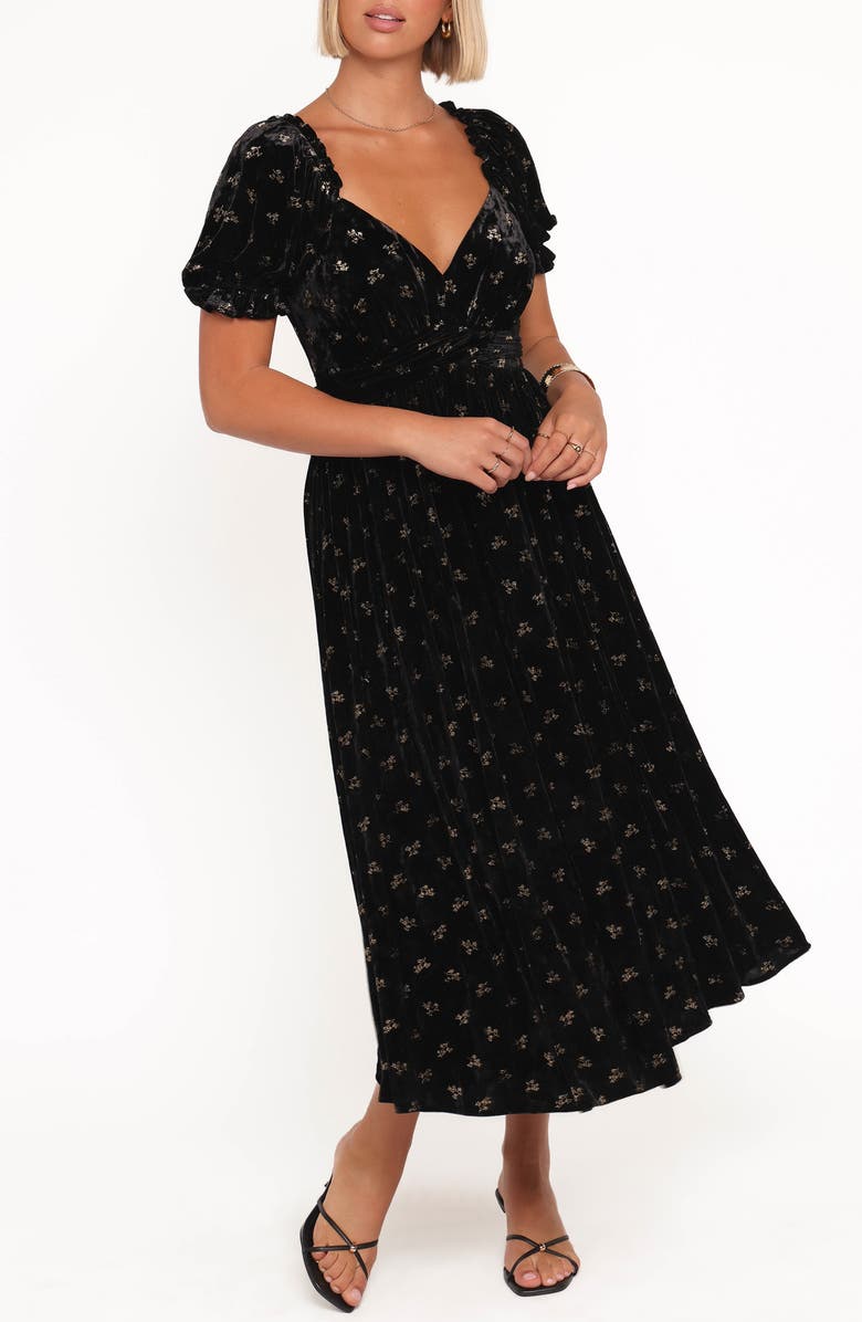 Petal & Pup Farryn Floral Velvet Puff Sleeve Midi Dress, Main, color, Black/ Gold Velvet