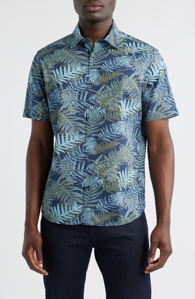Bugatchi Orson Shaped Fit Leaf Print Camp Shirt, Main, color, Navy