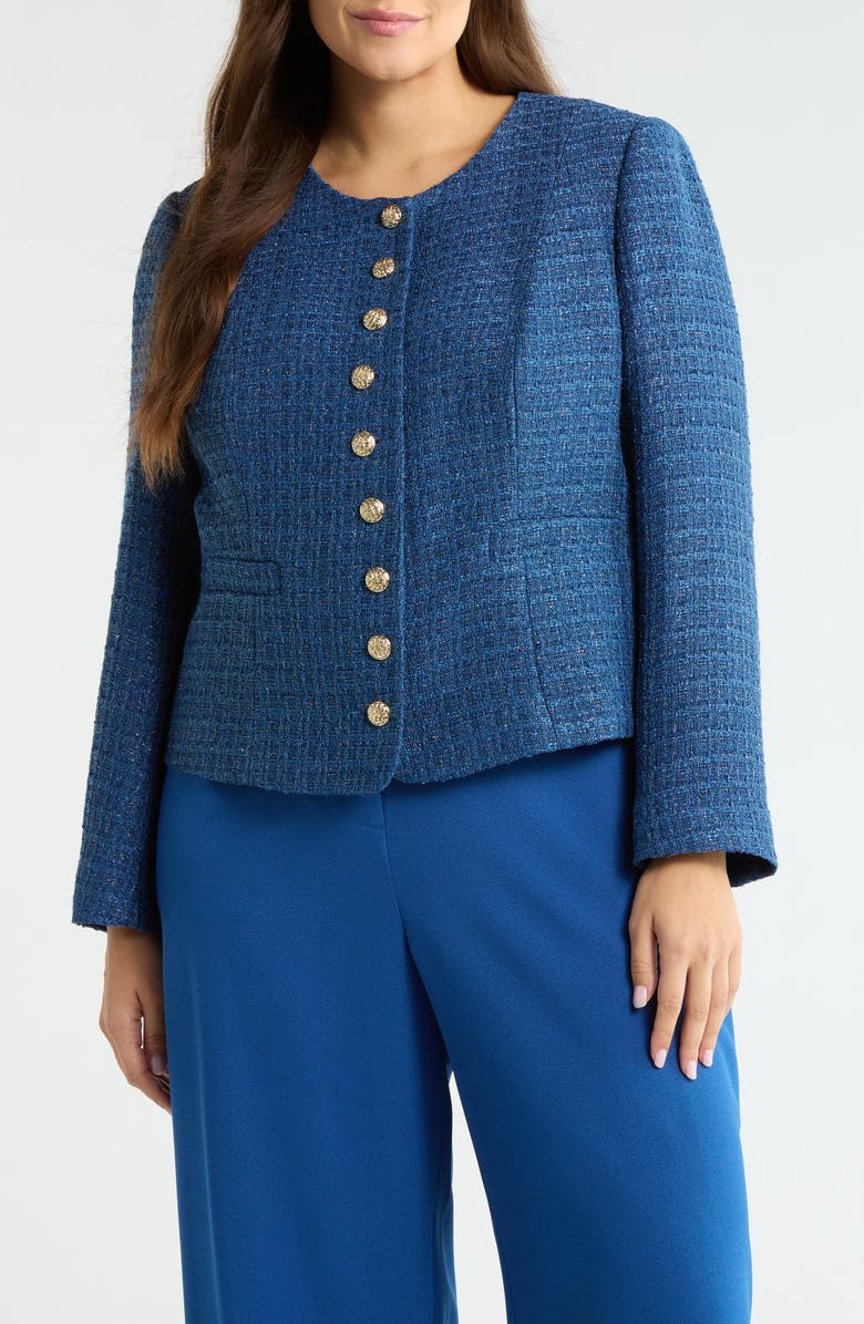 Tahari ASL Collarless Bouclé Jacket, Main, color, Riverside Blue